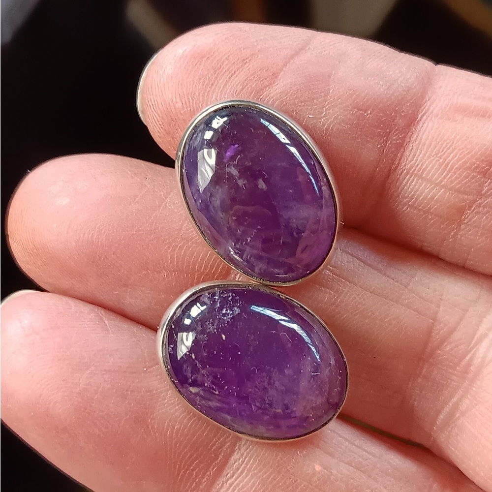 Vintage Amethyst and 925 Sterling Silver Oval Earrings